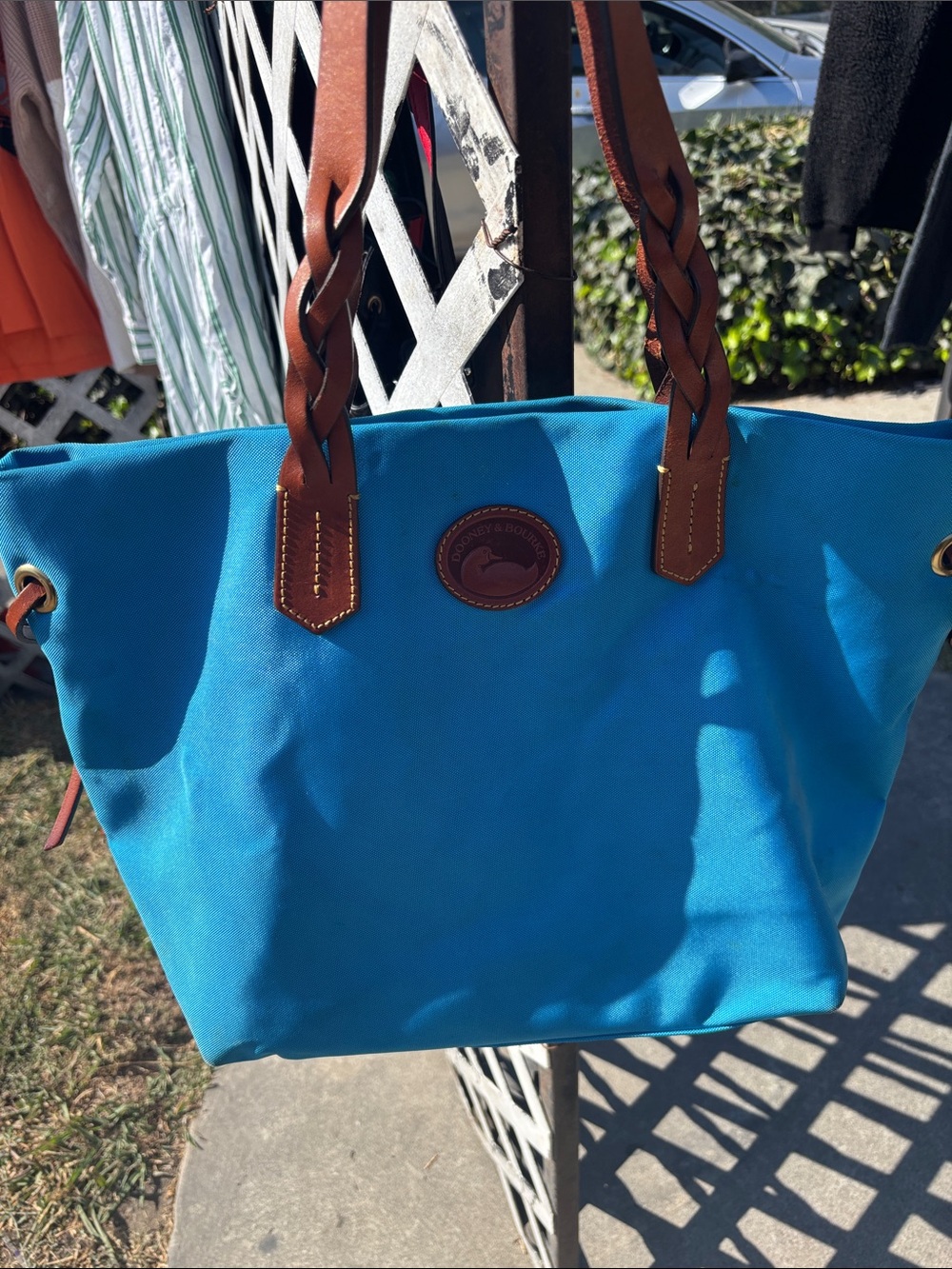 Dooney & Bourke Turquoise Canvas Tote with Brown Braided Handles